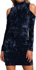 ivimos Rochie mini de iarna pentru femei din catifea zdrobita cu maneci lungi, cu umar rece, cu gat inalt, mini rochie bleumarin mare foto