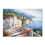 Tablou living lacul Como pictat manual, Colt de rai, 70x50cm ulei pe panza in cutit efect 3D, Magistral