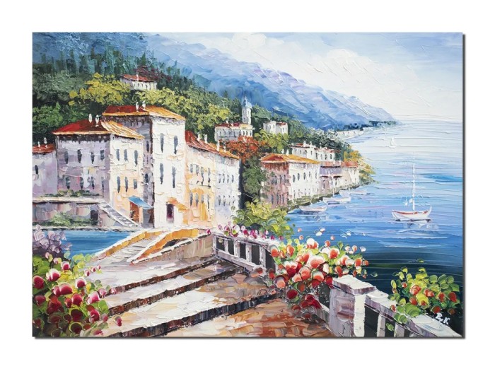 Tablou living lacul Como pictat manual, Colt de rai, 70x50cm ulei pe panza in cutit efect 3D, Magistral