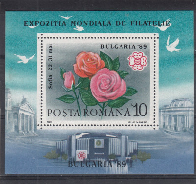 ROMANIA 1989 LP 1220 EXPOZITIA MONDIALA DE FILATELIE BULGARIA 89 COLITA MNH foto