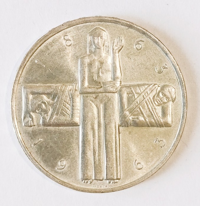 ELVETIA 5 FRANCI 1963 CRUCEA ROSIE ARGINT COMEMORATIVA AUNC UNC ( CITITI DESCRIEREA )