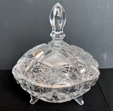 Bol Cristal Bohemia Original, 3 Picioare, Capac, 15.5cm, Antichitate Sticla, Obiect Colectie