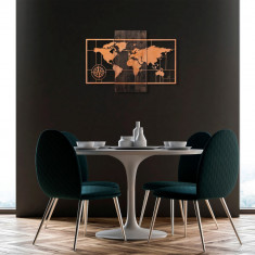 Decoratiune de perete, World Map WÄ±th Compass, 50% lemn/50% metal, Dimensiune: 85 x 58 cm, Nuc / Cupru
