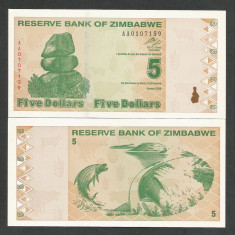 ZIMBABWE 5 DOLLARS DOLARI 2009 UNC [1] P- 93 , necirculata