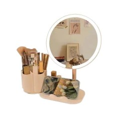 Oglinda cosmetica, cu iluminare LED, suport pentru telefon, organizator de farduri, din ABS si sticla, cu picior, baza antialunecare, alb