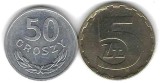 POLONIA LOT / SET Nr 2 ; 2 buc : 50 GROSZY + 5 ZLOTI / ZLOTYCH 1984 , XF