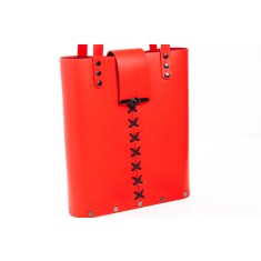 Geanta dama din piele naturala si lemn masiv reciclat, lucrata manual, Mery, Handmade, Rosie, Produsa in Romania