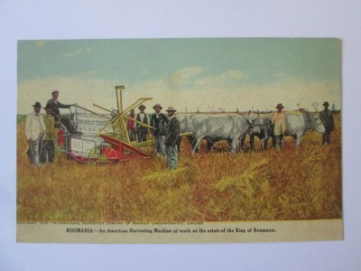 Domeniul Coroanei Rușețu carte poș.publicitară mașină recoltat americană 1910 foto