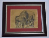 Iulia Hălăucescu (1924-2007), pictoriță rom&acirc;nă - Lucrare grafică / desen / compoziție cu cai