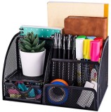 Organizator de birou metalic cu 6 compartimente, sertar si raft, negru