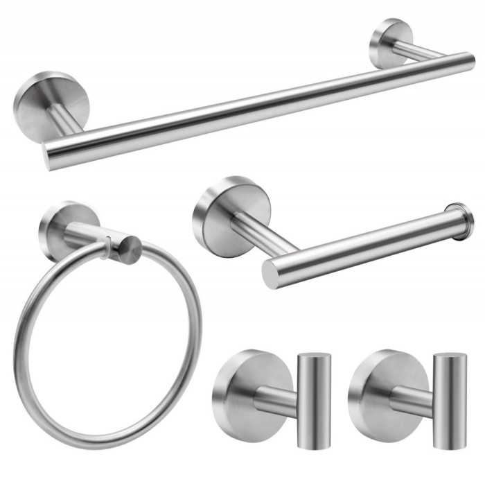 Set accesorii baie Brius&trade;, 5 piese, bara pentru prosoape/suporturi pentru halate/inel pentru prosoape de mana/suport pentru role de toaleta, montare p