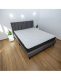 Set pat tapitat Limess, elemente lemn masiv, catifea, somiera inclusa, gri si saltea ortopedica Optima Silver Care, plasa de arcuri, reversibila, 140x