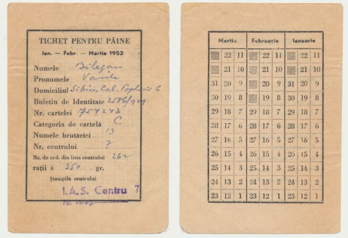 ROMANIA 1952 Cartela pentru paine fostul presedinte al Tribunalului Sibiu