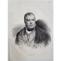 WALTER SCOTT , SCRIITOR SCOTIAN , LITOGRAFIE , DESEN de MAUZAISSE , litografiat de C. MOTTE , 1826