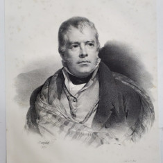 WALTER SCOTT , SCRIITOR SCOTIAN , LITOGRAFIE , DESEN de MAUZAISSE , litografiat de C. MOTTE , 1826