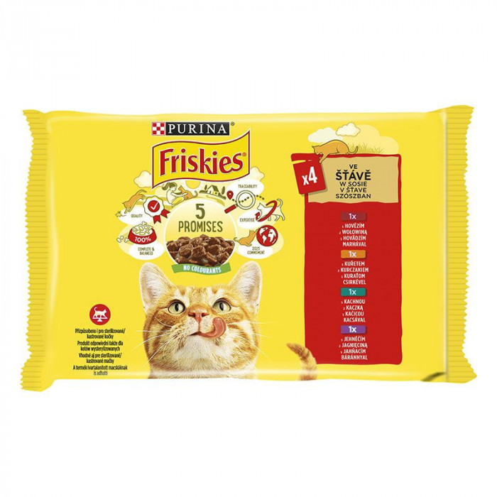 Friskies hrană pentru pisici la plic - pui, vită, miel și rață &icirc;n sos 4 x 85 g