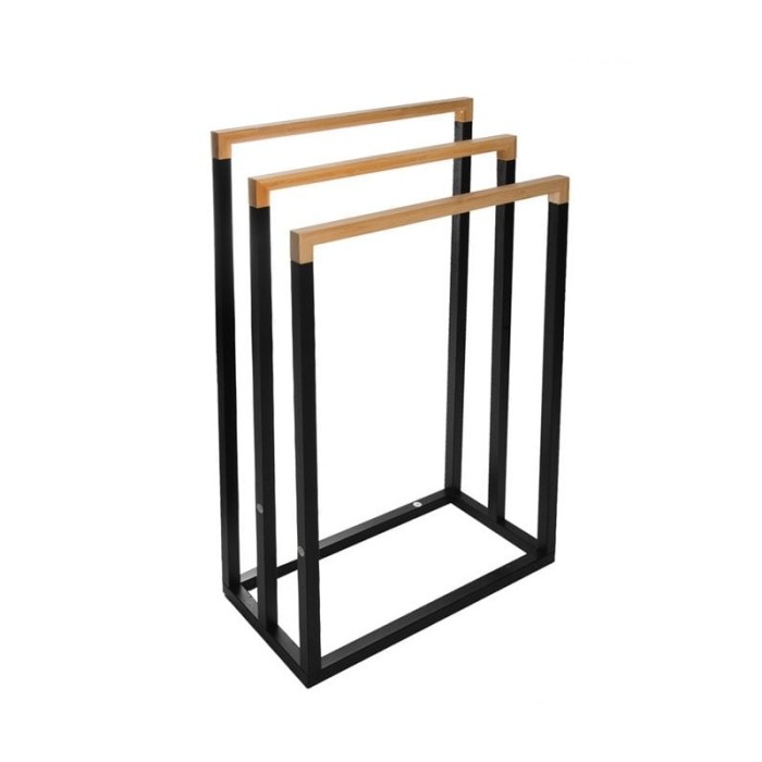 Suport din bambus cu 3 spatii pentru prosoape 45 x 21 x 76 cm, cadru metalic negru