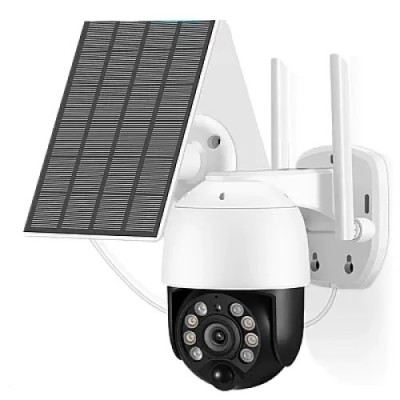 Camera de supraveghere wifi, cu panou solar, 2 antene, o rezolutie de 1080p, acoperire de 350 de grade, alb/negru foto