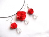 set colier si cercei din fimo si cristale cu trandafiri rosii 34163