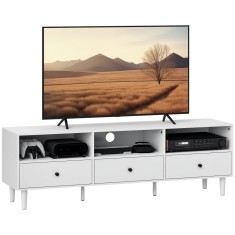 HOMCOM Comodă TV, Stand TV pentru Ecrane de 75 inch, 3 Rafturi Deschise, 3 Sertare, Placă de Particule, Alb | Aosom Romania