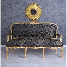 Sofa baroc din lemn masiv auriu cu tapiterie din matase albastra CAT361A34