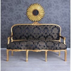 Sofa baroc din lemn masiv auriu cu tapiterie din matase albastra CAT361A34