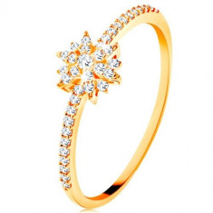 Inel din aur galben de 9K - floare strălucitoare formată din zirconii transparente, brațe lucioase - Marime inel: 49