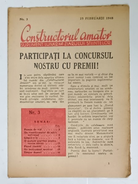 CONSTRUCTORUL AMATOR , SUPLIMENT LUNAR AL ZIARULUI STIINTELOR , NR. 3 , 1948