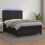 VidaXL Pat cu arcuri, saltea și LED, negru, 140x200 cm, piele eco