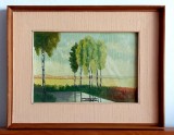 Helesteu intre mesteceni - pictura in ulei semnata, tablou inramat 44x34cm, Peisaje, Altul