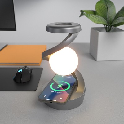 Lampa inteligenta rotativa ZYTEQ&amp;reg;️ birou/noptiera, control multiplu, senzor miscare, RGB, lumina de noapte, wireless charger, baterie, gri foto