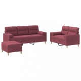 Set canapea cu perne, 3 piese, rosu vin, material textil