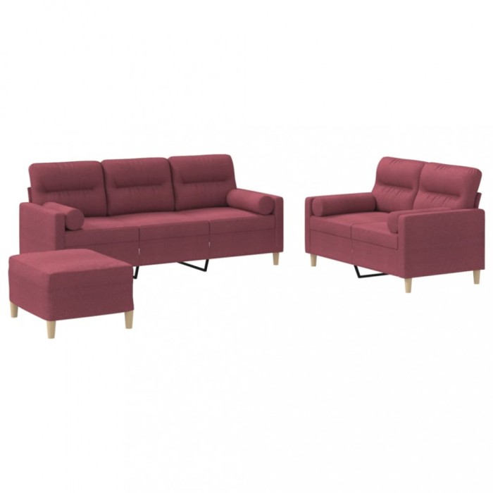 Set canapea cu perne, 3 piese, rosu vin, material textil