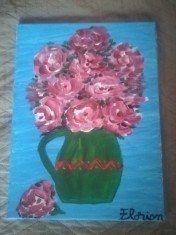 TABLOU PE PANZA CU SASIU NOU 30X40 CM VAS CU FLORI PRET DOAR 20 LEI PICTOR FLORIAN