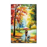Tablou stlizat pictat manual, La plimbare cu catelul, stilizat, 60x40cm ulei pe panza in cutit