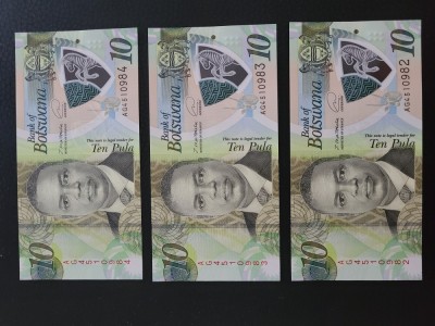 3bancnote &amp;quot;Ten Pula&amp;quot; din Botswana UNC si consecutive foto