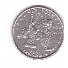 Moneda SUA 25 centi/quarter dollar 2001 D, New York 1788, stare buna, curata