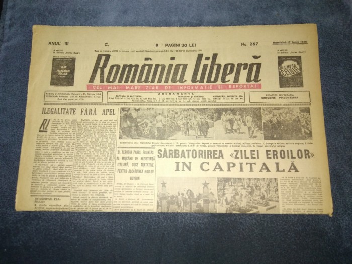 ZIARUL ROMANIA LIBERA 17 IUNIE 1945 ZIUA EROILOR