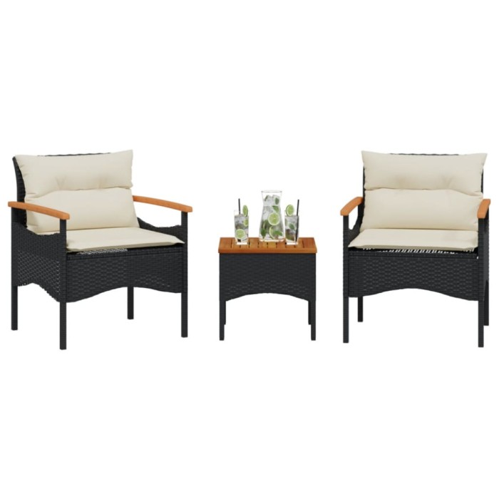 Gossi set mobilier de gradina cu perne, 3 piese, negru, poliratan