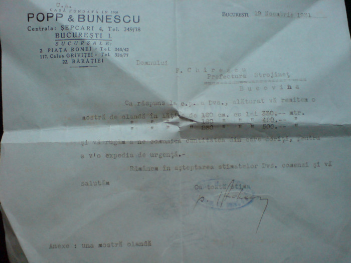 Popp &amp; Bunescu, Bucuresti catre Prefectura Storojinet, Bucovina 19 . 11. 1931