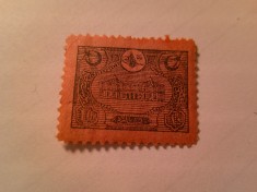 Timbru Turcia 1913 - Posta din Constantinopol 10 pa negru pe roz ,urme fragment pe spate