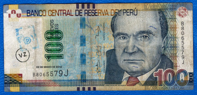 (1) BANCNOTA PERU - 100 NUEVOS SOLES 2012 (22 MARTIE), VALOARE NOMINALA MARE foto