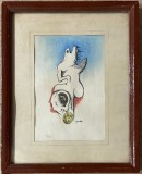 Lucrare / Tablou vechi suprearealist romanesc, semnat, paspartu, sticlă, ramă anii 60-70, artist roman, arta romaneasca, 33x27 / 20x14 cm