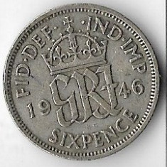 Moneda 6 pence 1946 - Marea Britanie, 2,8276 g argint 0,5000