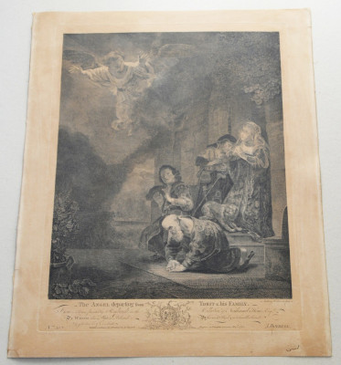 Rembrandt &amp;quot;The angel departing from Tobit &amp;amp; his Family&amp;quot; gravura veche 1765 foto