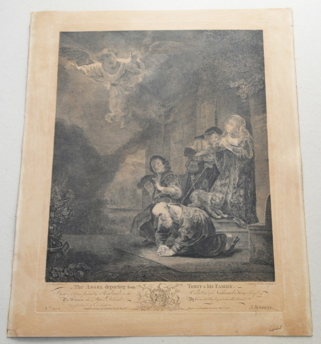 Rembrandt &quot;The angel departing from Tobit &amp; his Family&quot; gravura veche 1765