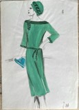 Acuarela pe carton subțire, arhiva Casa de Modă M.I.U., 30 x 21 cm, design J. ANA modă rom&acirc;nească, schiță vestimentară