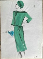 Acuarela pe carton subțire, arhiva Casa de Modă M.I.U., 30 x 21 cm, design J. ANA modă rom&acirc;nească, schiță vestimentară
