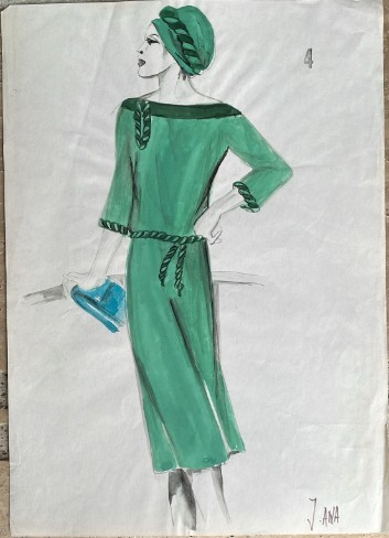 Acuarela pe carton subțire, arhiva Casa de Modă M.I.U., 30 x 21 cm, design J. ANA modă rom&acirc;nească, schiță vestimentară