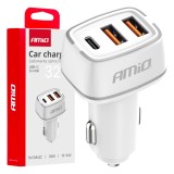 Incarcator auto AMiO 2x USB-A + USB-C 32W, alimentare 12-24V DC, pentru priza bricheta, incarcare simultana 3 dispozitive, carcasa alba, 03890